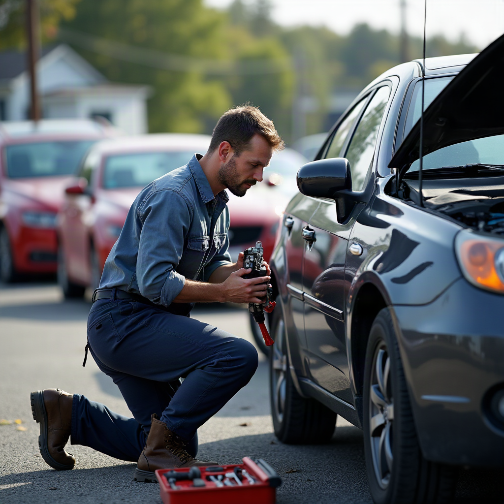 Mobile mechanic repairing a car in a parking lot in Keene NH